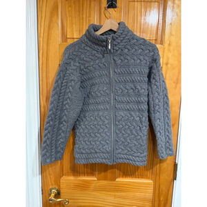 Inis Crafts Ireland 100% Merino Wool Aran Cable Knit Zip Sweater Gray M